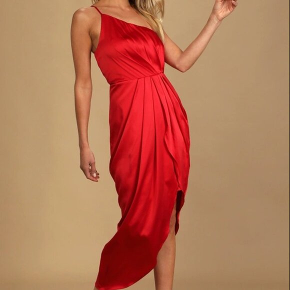 Red One Shoulder Cocktail Midi Dress from Lulu's - Picture 2 of 7